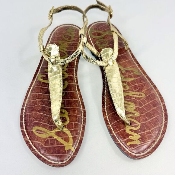 Sam Edelman GIGI Gold Metallic Reptile Embossed Leather T Strap Thong Sandals - Picture 5 of 16